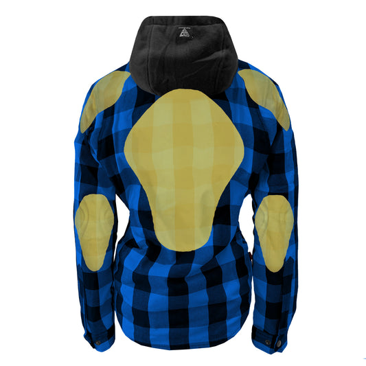 Protective Flannel Hoodie for Women - Blue and Black Checkered with Pads
