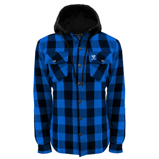 Protective Flannel Hoodie for Women - Blue and Black Checkered with Pads
