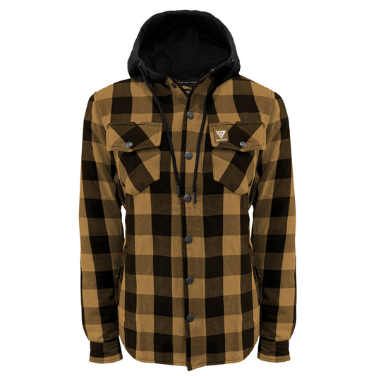 Protective Flannel Hoodie for Women - Camel and Black Checkered with Pads