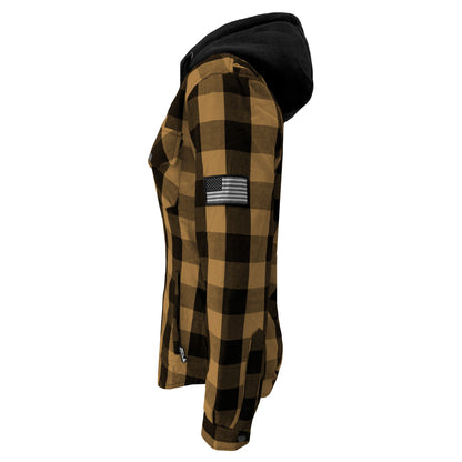 Protective Flannel Hoodie for Women - Camel and Black Checkered with Pads
