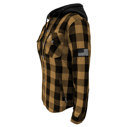 Protective Flannel Hoodie for Women - Camel and Black Checkered with Pads