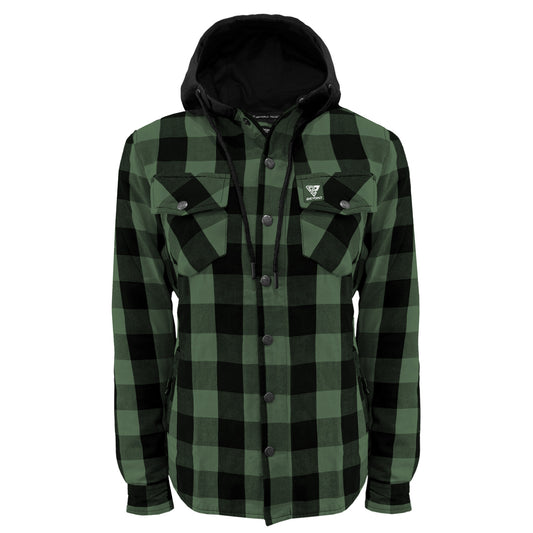 Protective Flannel Hoodie for Women - Dark Green and Black Checkered with Pads