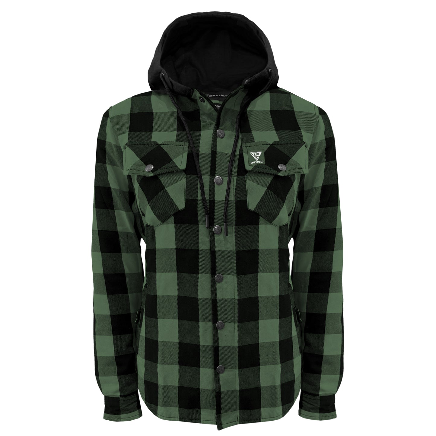 Protective Flannel Hoodie for Women - Dark Green and Black Checkered with Pads