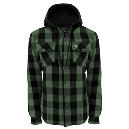 Protective Flannel Hoodie for Women - Dark Green and Black Checkered with Pads
