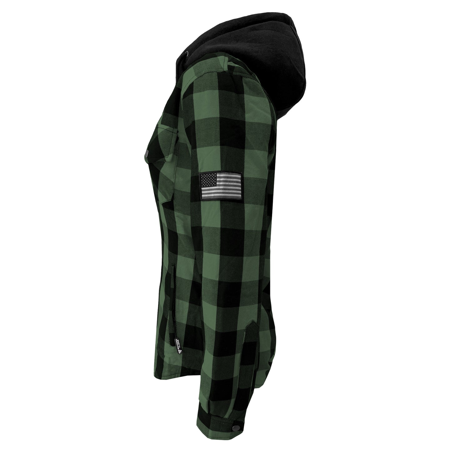 Protective Flannel Hoodie for Women - Dark Green and Black Checkered with Pads