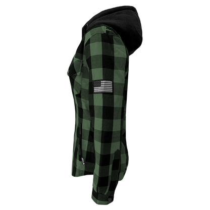 Protective Flannel Hoodie for Women - Dark Green and Black Checkered with Pads