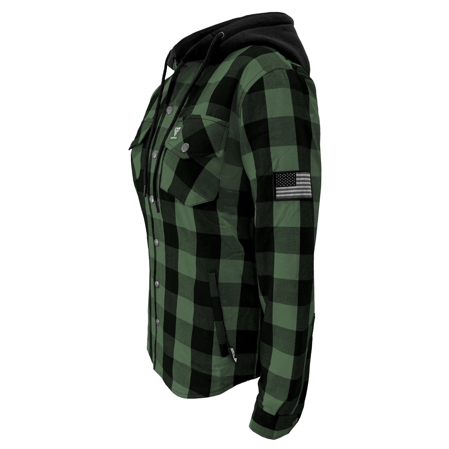Protective Flannel Hoodie for Women - Dark Green and Black Checkered with Pads