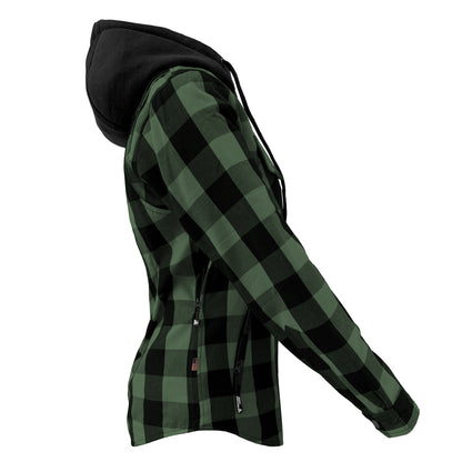 Protective Flannel Hoodie for Women - Dark Green and Black Checkered with Pads