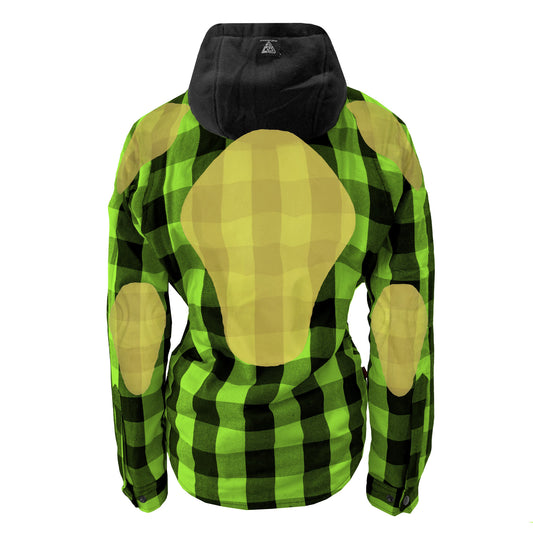 SALE Protective Flannel Hoodie for Women - Green and Black Checkered with Pads