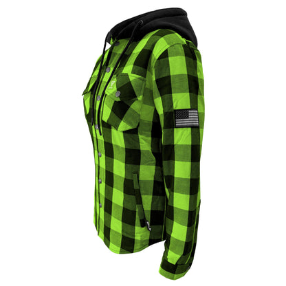 SALE Protective Flannel Hoodie for Women - Green and Black Checkered with Pads
