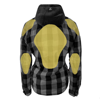 Protective Flannel Hoodie for Women - Gray and Black Checkered with Pads