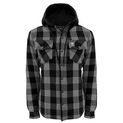 Protective Flannel Hoodie for Women - Gray and Black Checkered with Pads