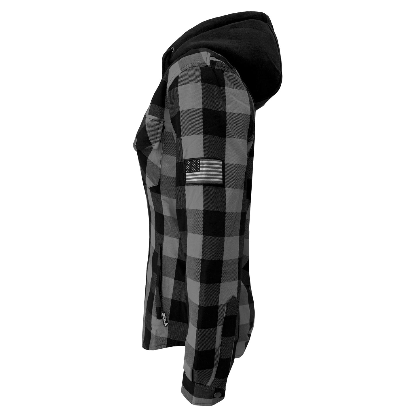 Protective Flannel Hoodie for Women - Gray and Black Checkered with Pads