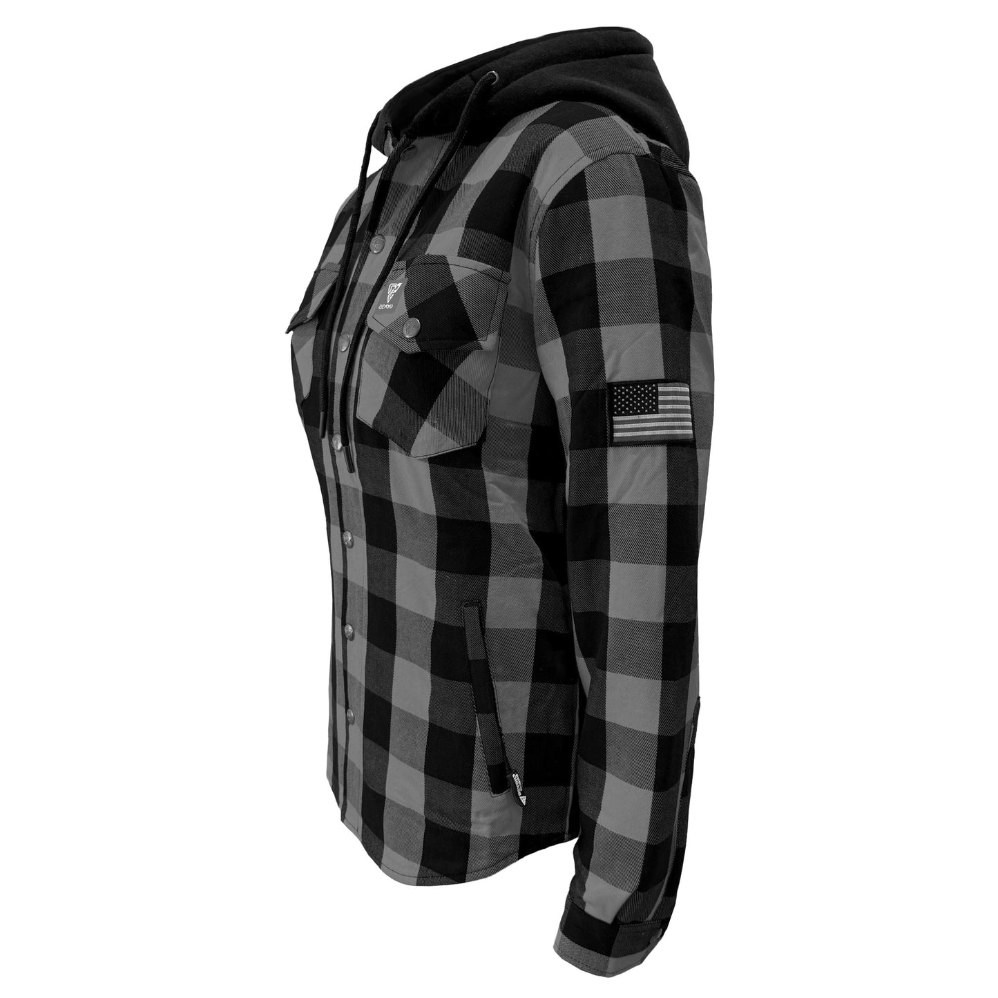 Protective Flannel Hoodie for Women - Gray and Black Checkered with Pads