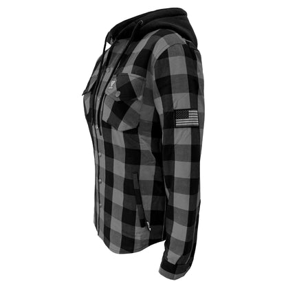 Protective Flannel Hoodie for Women - Gray and Black Checkered with Pads