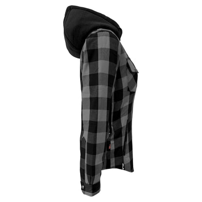 Protective Flannel Hoodie for Women - Gray and Black Checkered with Pads