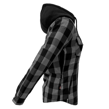 Protective Flannel Hoodie for Women - Gray and Black Checkered with Pads