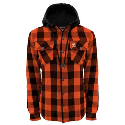 Protective Flannel Hoodie for Women - Orange and Black Checkered with Pads