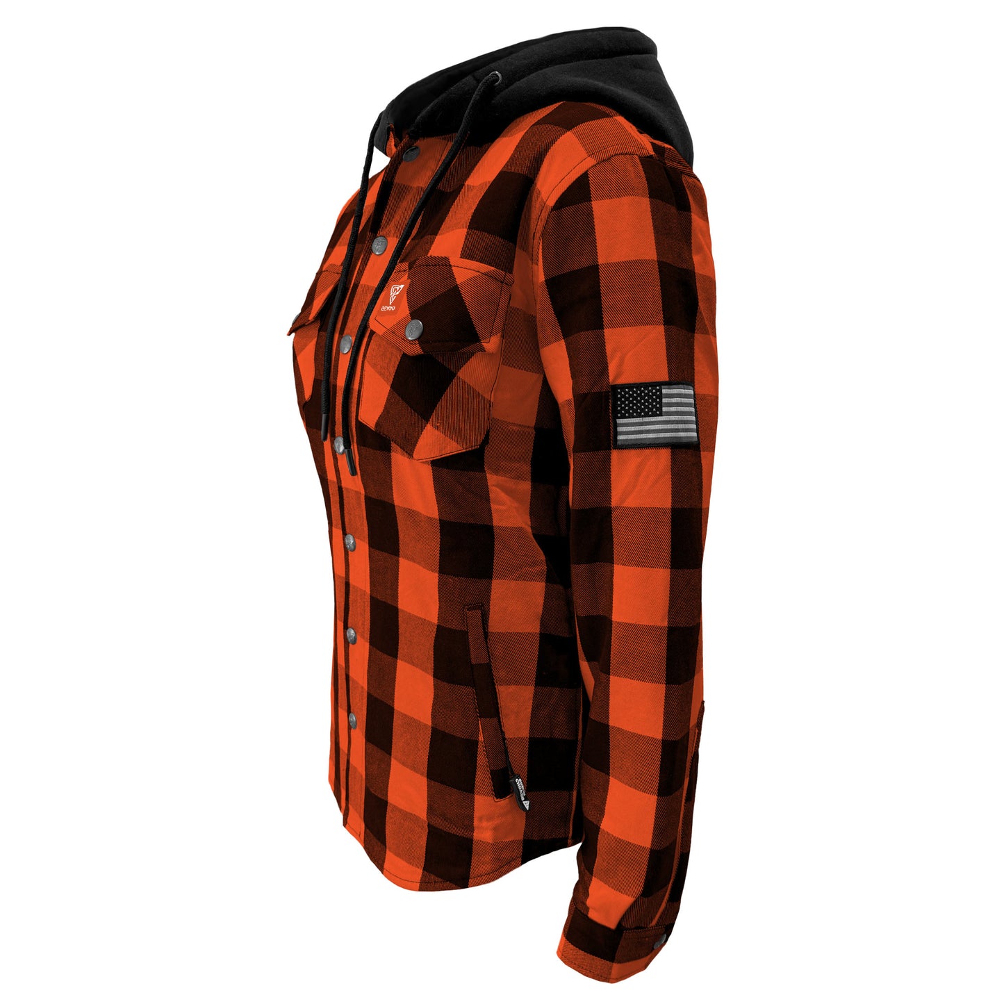 Protective Flannel Hoodie for Women - Orange and Black Checkered with Pads