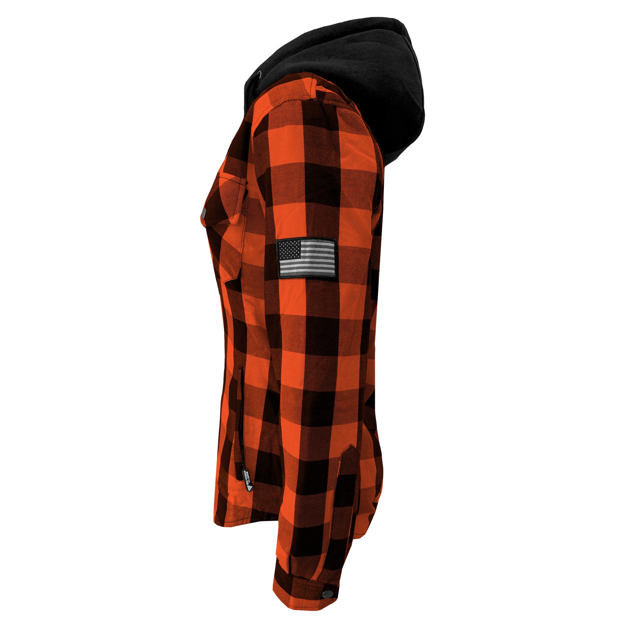Protective Flannel Hoodie for Women - Orange and Black Checkered with Pads