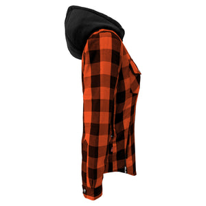 Protective Flannel Hoodie for Women - Orange and Black Checkered with Pads