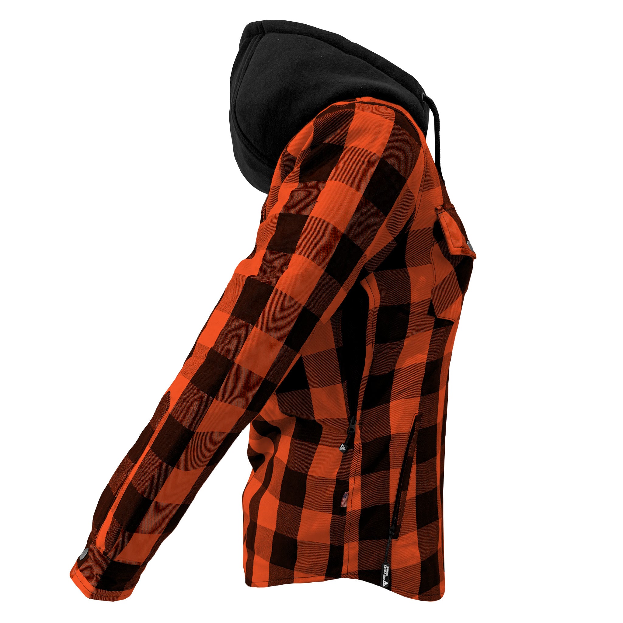 Protective Flannel Hoodie for Women - Orange and Black Checkered with Pads