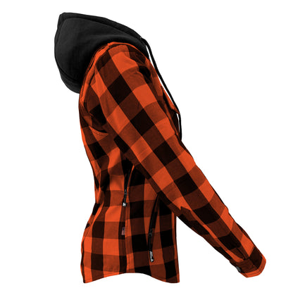 Protective Flannel Hoodie for Women - Orange and Black Checkered with Pads