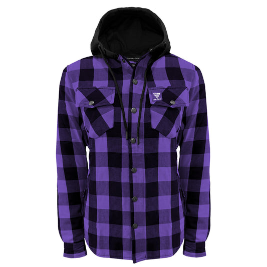 Protective Flannel Hoodie for Women - Purple and Black Checkered with Pads