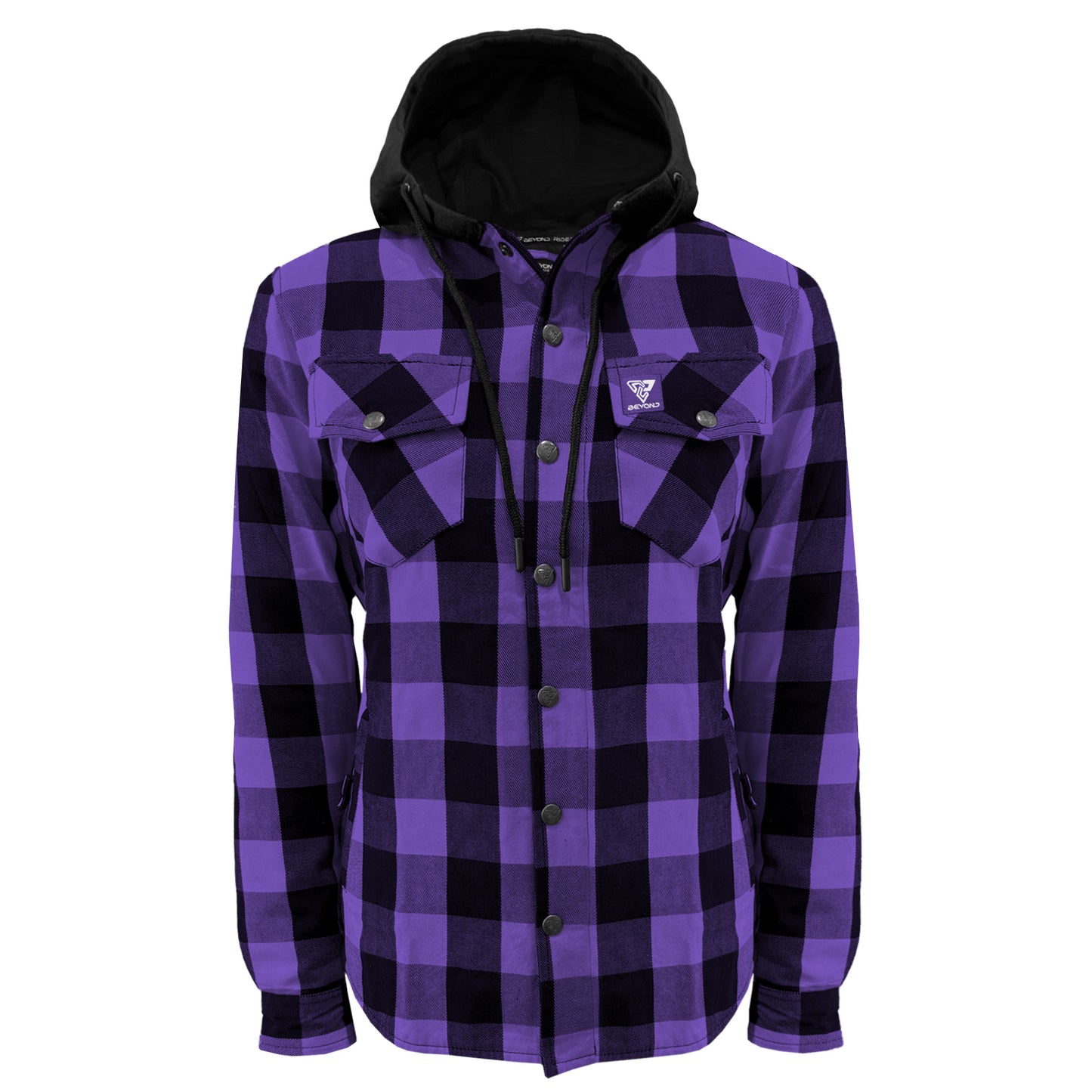 Protective Flannel Hoodie for Women - Purple and Black Checkered with Pads