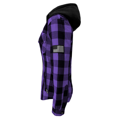 Protective Flannel Hoodie for Women - Purple and Black Checkered with Pads
