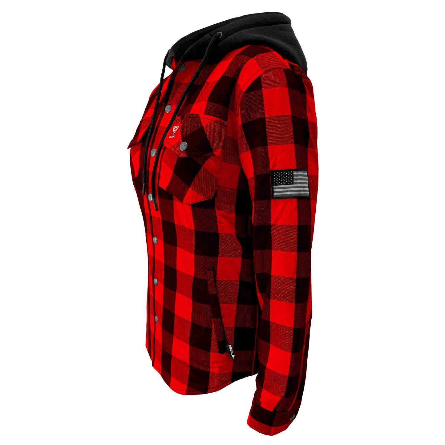 Protective Flannel Hoodie for Women - Red and Black Checkered with Pads