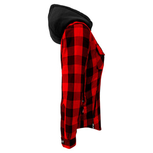 Protective Flannel Hoodie for Women - Red and Black Checkered with Pads