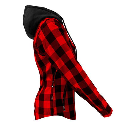 Protective Flannel Hoodie for Women - Red and Black Checkered with Pads