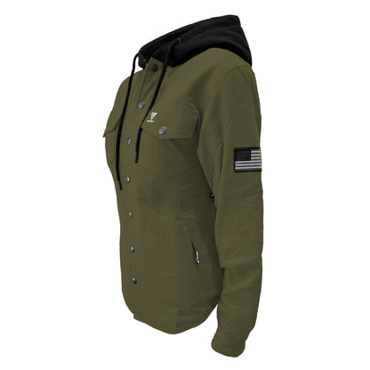 Protective Flannel Hoodie For Women - Army Green Solid with Pads