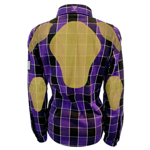 Women's-Flannel-Shirt-Purple-Black-Checkered-And-White-Strips-Back-with-Pads
