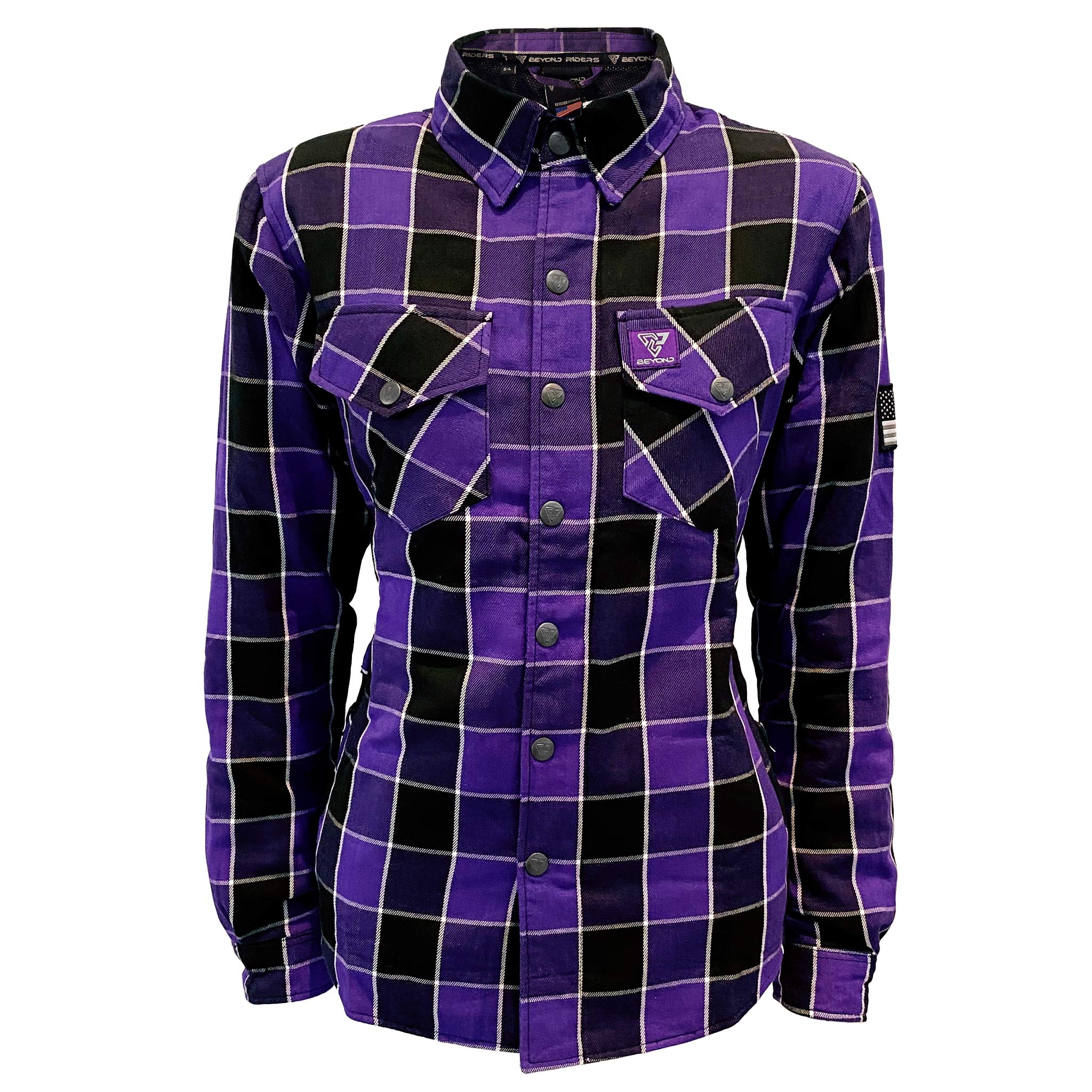 Women's-Flannel-Shirt-Purple-Black-Checkered-And-White-Strips-Front