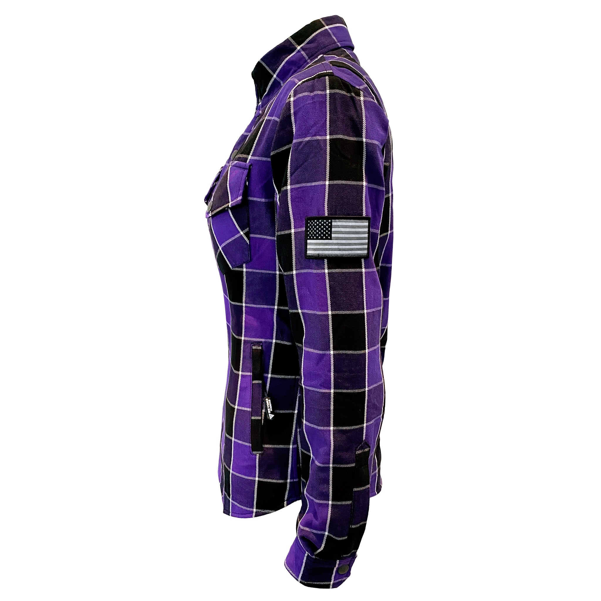 Women's-Flannel-Shirt-Purple-Black-Checkered-And-White-Strips-Left