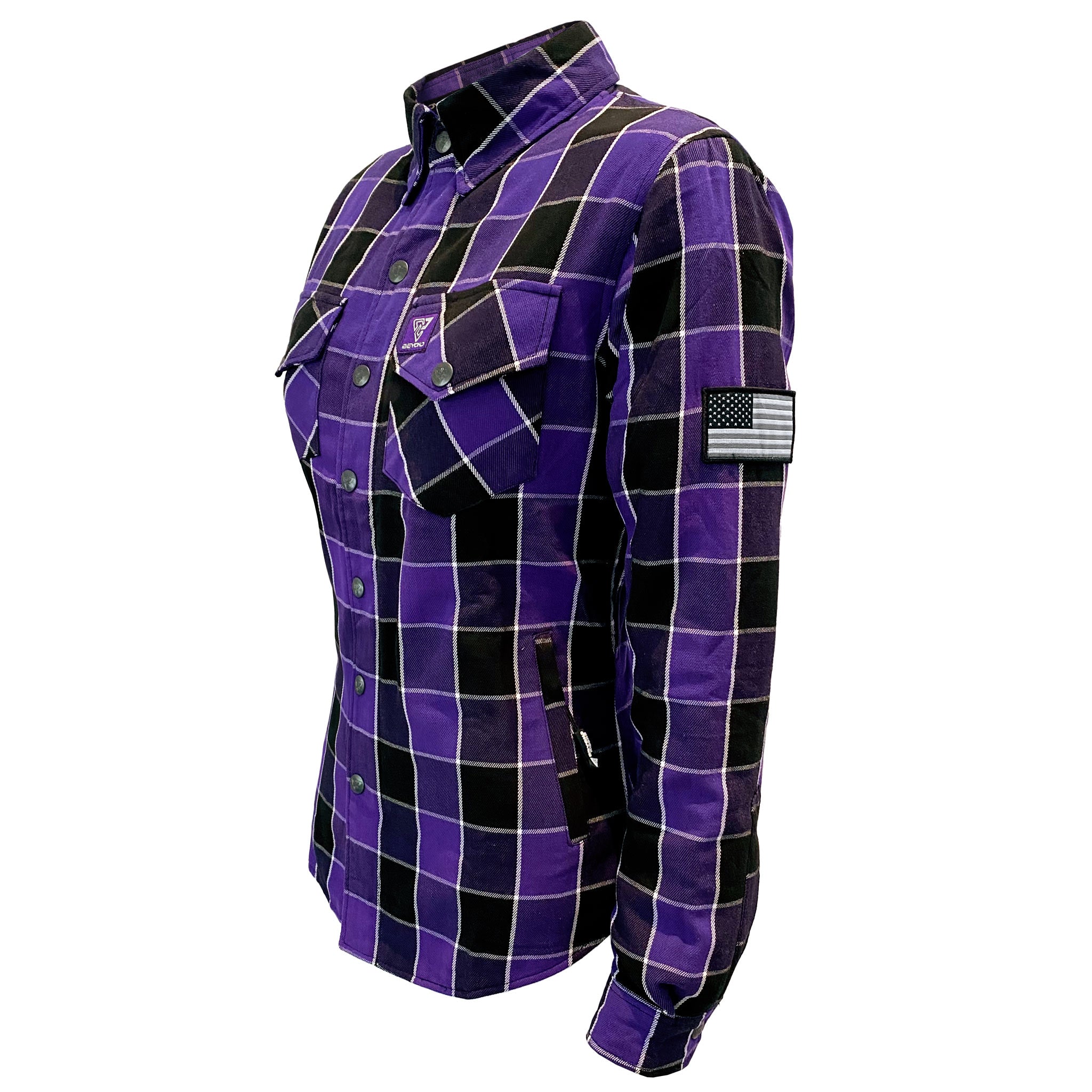 Women's-Flannel-Shirt-Purple-Black-Checkered-And-White-Strips-Left-45