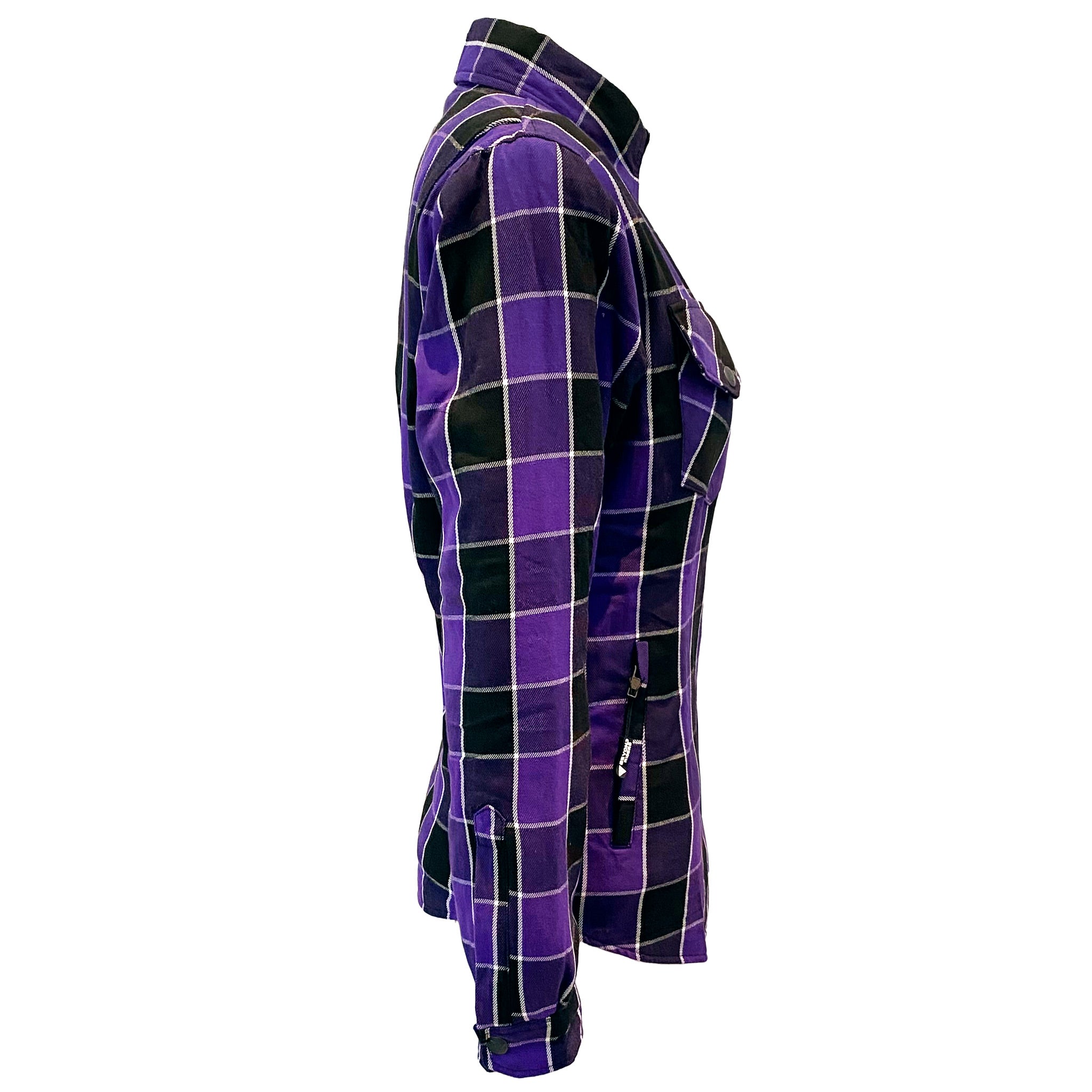 Women's-Flannel-Shirt-Purple-Black-Checkered-And-White-Strips-Right
