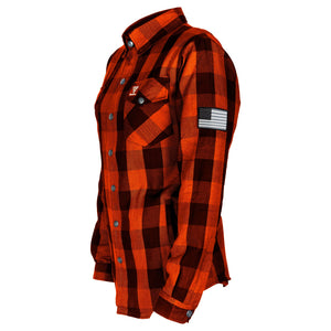 Protective Flannel Shirt for Women - Orange and Black Checkered with Pads