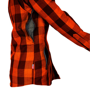 Protective Flannel Shirt for Women "Autumn Blast" - Orange and Black Checkered with Pads