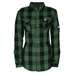 Protective Flannel Shirt for Women - Green and Black Checkered with Pads