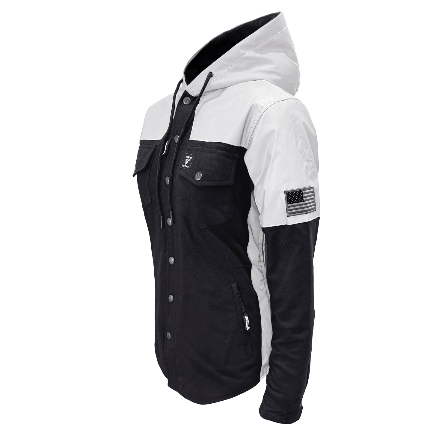 Protective Reflective Flannel Hoodie "Alloy Eclipse" For Women - Black and Silver with Pads