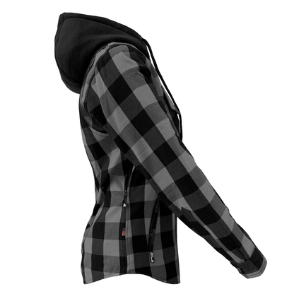 Protective Flannel Hoodie for Women - Gray and Black Checkered with Pads